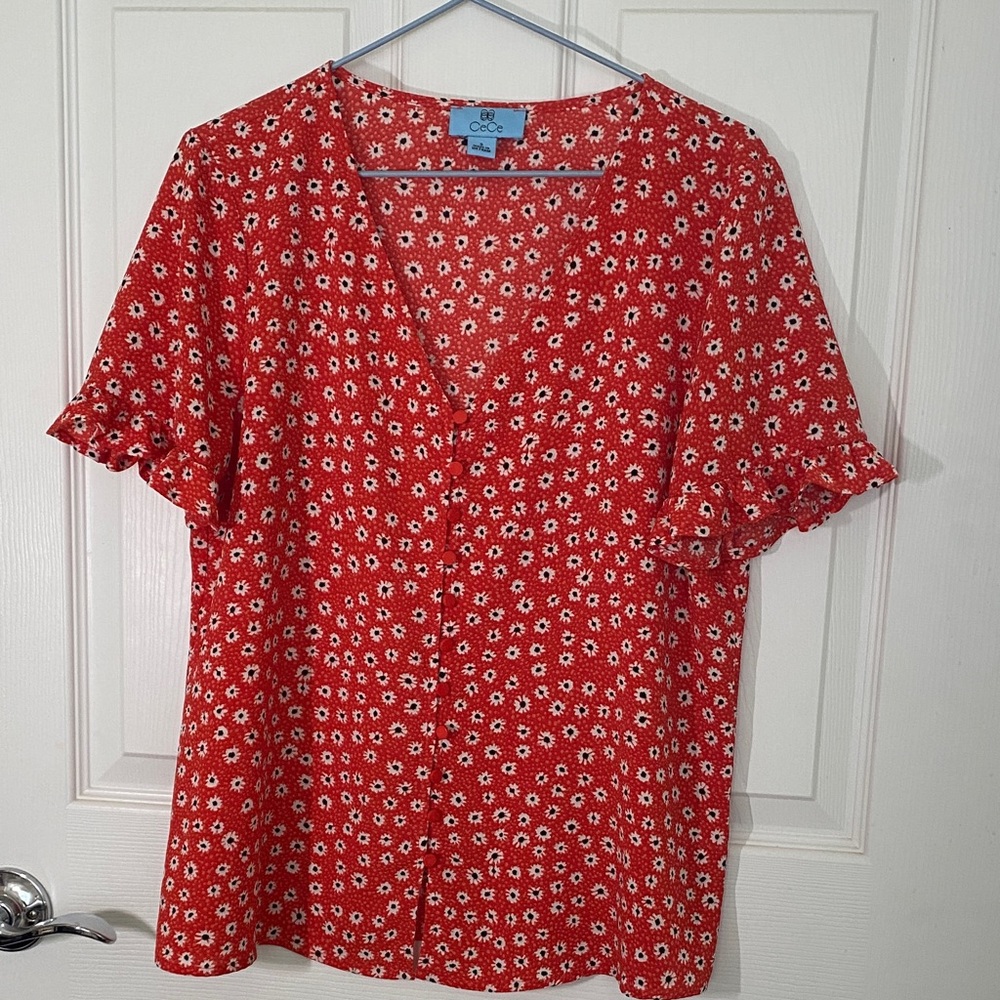 CeCe Orange and White Floral Blouse